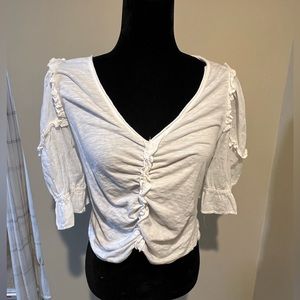 Size small, white ruffle, cotton anthropology, three-quarter length blouse